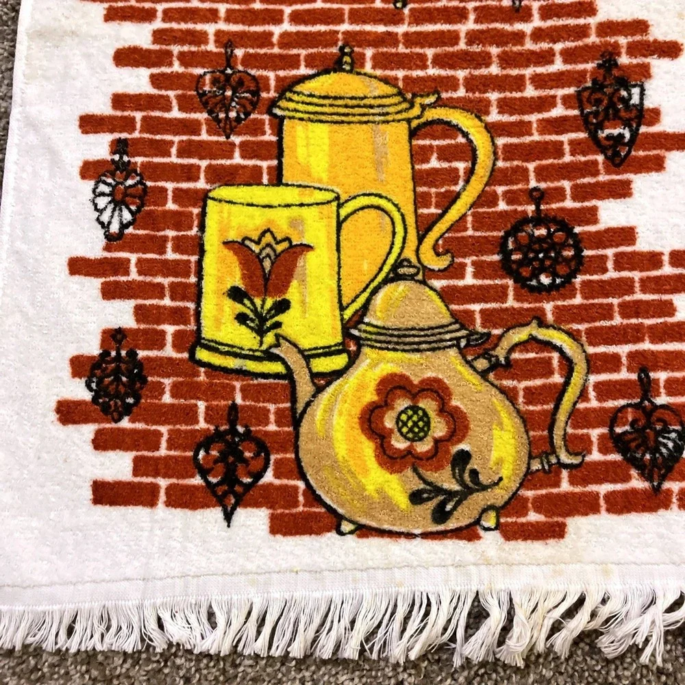 VTG CANNON Hand Kitchen Towel Fringe 70s NOS Tea Mug Kettle Brick Flower‎ Yellow